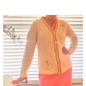 Vintage MCM 50s 60s Golf Theme Cardigan Sweater Ladies Large Preppy Embroidered